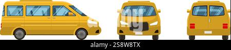 Drei Vektorabbildungen, die einen gelben Kleinbus von vorn, von der Seite und von hinten zeigen und sein Design und seine Merkmale für den Transport zeigen Stock Vektor