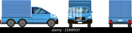 Mit drei Vektorabbildungen eines hellblauen Lieferwagens, die Vorder-, Seiten- und Rückansicht vor einem sauberen weißen Hintergrund zeigen Stock Vektor