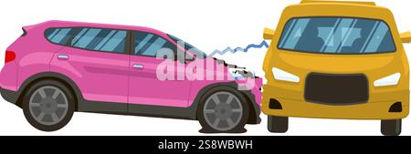Zwei Fahrzeuge, die an einem Verkehrsunfall beteiligt waren, ein rosafarbener SUV, der gegen ein gelbes Auto stürzt, was sichtbare Schäden an beiden Fahrzeugen verursacht, was einen Straßenaufprall veranschaulicht Stock Vektor