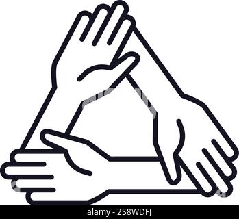 Drei Hände halten sich gegenseitig und bilden ein Dreieck, das Teamwork, Zusammenarbeit und Einheit in einem einfachen, minimalistischen Linienstil symbolisiert Stock Vektor