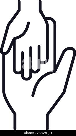 Minimalistische Vektorlinie Kunst Ikone von zwei Händen, die sich gegenseitig halten, symbolisieren Liebe, Zuneigung, Unterstützung, Freundlichkeit, Hilfe, Zweisamkeit und Einfühlungsvermögen Stock Vektor