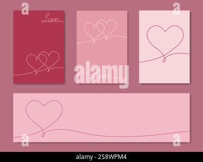 Grußkarte mit Happy Valentines Day Set. Kreatives Bannerdesign. Liebe Text- und Herzsymbole, Strichkunst handgezeichnet. Kopierbereich für Verkaufskopf Stock Vektor