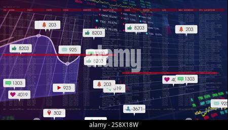 Abbildung der Finanzdatenverarbeitung und Social-Media-Symbole mit Zahlen auf schwarzem Hintergrund Stockfoto