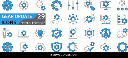 Zahnradsymbole. Satz von Symbolen für Gänge, Steuerung, Werkzeug, System. Lineare Symbolsammlung. Sammlung von Symbolen für die Gear-Aktualisierung. Vektorabbildung. Stock Vektor
