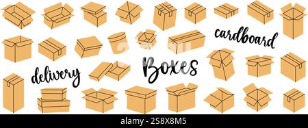 Frachtboxen. Kartons mit Versandverpackung. Geschenkboxen präsentieren. Vektorabbildung. Stock Vektor