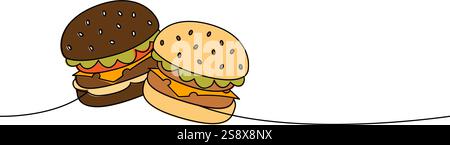 Zwei köstliche hausgemachte Burger, eine Linie farbige, durchgehende Zeichnung. Traditionelles amerikanisches Fast Food. Stock Vektor