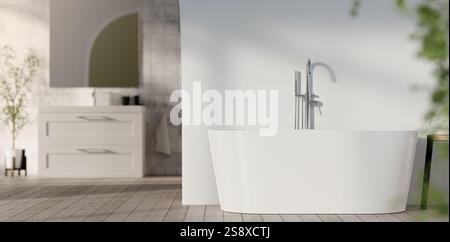 Schickes Badezimmer mit moderner freistehender Badewanne und elegantem Kosmetikbereich mit Bogenspiegel und 3D-Rendering-Illustration. Stockfoto
