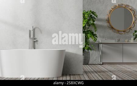 Elegantes Badezimmer mit moderner freistehender Badewanne und stilvollem Kosmetikbereich mit rundem Spiegel, 3D-Rendering-Illustration. Stockfoto
