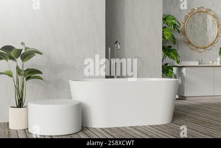 Elegantes Badezimmer mit moderner freistehender Badewanne und stilvollem runden Hocker mit elegantem runden Spiegel, 3D-Rendering-Illustration. Stockfoto