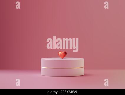Feiern Sie die Liebe zum Valentinstag mit einem pinkfarbenen 3D-Podium mit goldenen Akzenten und einem leuchtend roten Herz. Perfekt für Mockups, romantische Produktpräsentationen oder Stock Vektor