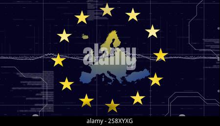 Sternbild der Europäischen Union über der Karte Europas mit Datenverarbeitungselementen Stockfoto Sternbild der Europäischen Union über der Karte Europas mit Datenverarbeitungselementen Stockfoto