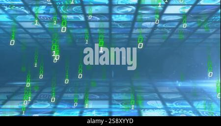 Binärcode-Bild über Finanzdaten und Währungssymbolen Stockfoto
