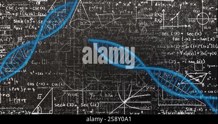 DNA-Strang und mathematische Gleichungen, wissenschaftliche Datenverarbeitung Stockfoto