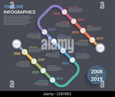 Zeitachse mit Symbolen, 12 Elementen, Infografik-Vorlage für Web, Business, Präsentationen, Vektorgrafik-eps10-Illustration Stock Vektor