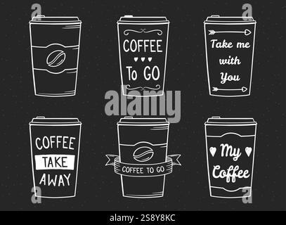 Handgezeichnete Coffee To Go Pappbecher, Take away Coffee Tassen - sechs Designvorlagen für Café, Menü, Poster, Vektor-eps10 Illustration Stock Vektor