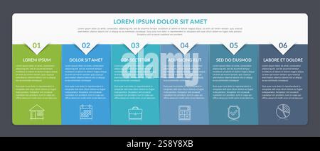 Infografik-Vorlage mit 6 Elementen für Text und Symbole, kann für Webdesign, Workflow-Layout, Prozessdiagramm, Bericht, Firmenmeilensteine verwendet werden, vecto Stock Vektor