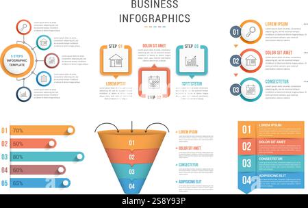 Sechs Infografikvorlagen für Web, Business, Präsentationen – Schritte, Optionen, Trichterdiagramm, Balkendiagramm, Vektor-eps10-Illustration Stock Vektor
