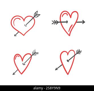 Hand gezeichnete rote Herzen mit Pfeilen für Valentinstag oder Hochzeit Design, 20 Linien Symbole, Vektor eps10 Illustration Stock Vektor