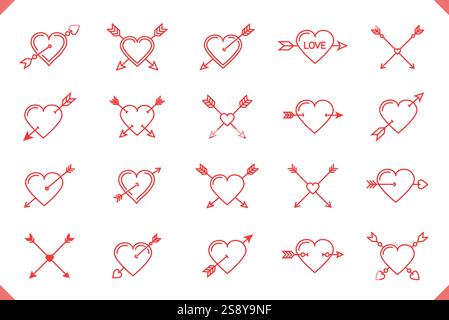 Rote Herzen mit Pfeilen für Valentinstag oder Hochzeit Design, 20 Linien Symbole, Vektor eps10 Illustration Stock Vektor