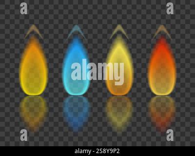 Flamme in verschiedenen Farben mit Reflexion auf transparentem Hintergrund, Vektor eps10 Illustration Stock Vektor