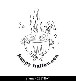Karte oder Poster mit süßem Halloween Hexenkessel mit kochendem Pilz Zaubertrank Stock Vektor