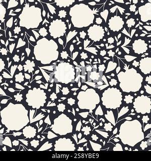 Einfarbiges schwarzes und weißes Muster mit floralen Silhouetten Stock Vektor