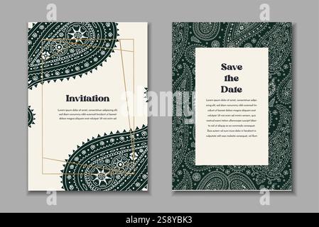 Zwei Grußkarten-Vorlagen mit schwarz-weißen Paisley-Motiven Stock Vektor