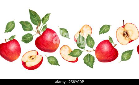 Nahtloser Rand mit roten Äpfeln, Scheiben und grünen Blättern. Botanische Illustration Aquarell, Marker. Handgezeichnetes isoliertes horizontales Banner. Garten Stockfoto