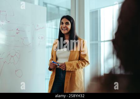 Lächelnde indische Geschäftsfrau hält eine Präsentation in einem modernen Büro, an einem Whiteboard mit Notizen. Die Atmosphäre ist professionell und engagiert Stockfoto