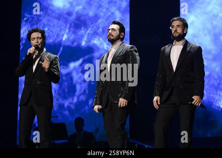 IL gruppo musicale Il Volo composto da Piero Barone, Ignazio Boschetto e Gianluca Ginoble - durante il Concerto del Tour â??Tutti per UNO-Ad Astra Live Nei Palasportâ? al Palazzo dello Sport di Roma Stockfoto