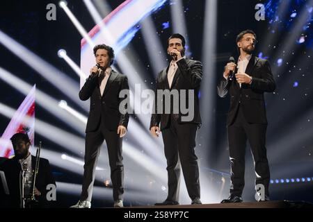 IL gruppo musicale Il Volo composto da Piero Barone, Ignazio Boschetto e Gianluca Ginoble - durante il Concerto del Tour â??Tutti per UNO-Ad Astra Live Nei Palasportâ? al Palazzo dello Sport di Roma Stockfoto