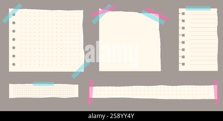 Papierreste. Zerrissene Papierstücke, mit abgerissenen Kanten für Notizen, realistische zerrissene Stücke von leeren Notizblättern. Vektordarstellung isoliert Stock Vektor