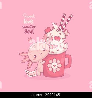Süßes rosafarbenes Axolotl umschmeichelndes Dessert mit Schlagsahne, Streuseln und Herzen. Lustige kleine Karikatur-Kawaii-Figur. Vektorabbildung. Romanti Stock Vektor