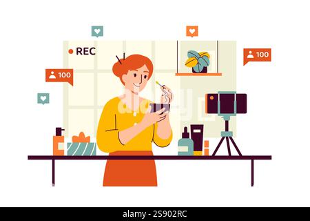 Eine Beauty-Bloggerin, die mit einem Smartphone auf einem Stativ ein Video für ihre Follower aufnimmt. Ein Mädchen wirbt für ein Hautpflegeprodukt im Zimmer Stock Vektor