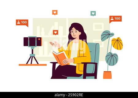 Vektor-Illustration eines Mädchens mit Brille, das auf einem Stuhl vor der Kamera sitzt, mit einem Buch in der Hand. Die Frau teilt ihre Eindrücke Stock Vektor