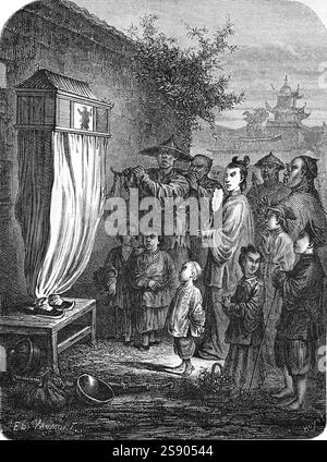 Chinesische Schattenpuppen, Schattenspiel oder Schattentheater in den Straßen von Peking oder Peking China. Vintage oder historische Gravur oder Illustration 1864 Stockfoto