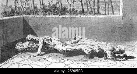 Mumifizierte Körper aus vulkanischer Asche in Pompeji Italien. Vintage oder historische Gravur oder Illustration 1864 Stockfoto