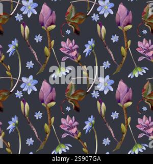 Frühlingsblumen, malvenfarbene Magnolie kamelienblüten, blaue hepatica Vergissmeinnicht, Waldanemonenkerze, handgezeichnet in Aquarellen, isoliert auf Dunkelheit Stockfoto