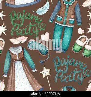 Pyjama-Party-Schriftzug mit nahtlosem Muster aus Nachtwäsche und Hausschuhen im Cartoon-Stil. Handgezeichnete Aquarellillustration auf braunem Hintergrund Stockfoto