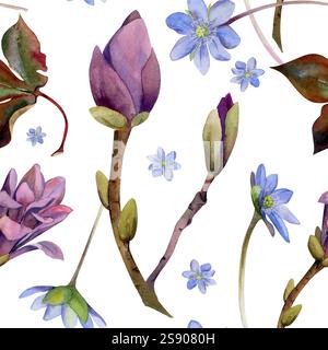 Frühlingsblumen, malvenfarbene Magnolie kamelien Knospen, blaue hepatica Vergissmeinnicht, Waldanemonenkerze, handgezeichnet in Aquarellen. Nahtloses Muster Stockfoto