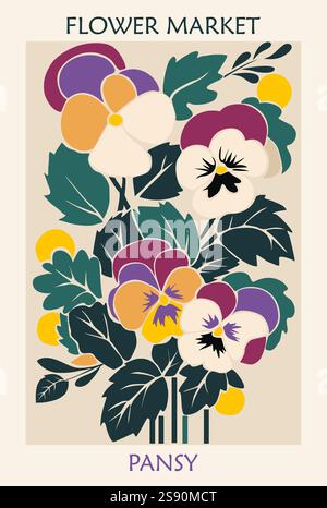 Trendige botanische Wandkunst mit Blumenmotiv von Pansy Stock Vektor