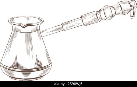Kaffeemaschine aus Metall mit Holzgriff als Symbol für orientalische Zeremonien, Gastfreundschaft. Minimalistische Vektorgrafik für Menüdesign, Websites Stock Vektor