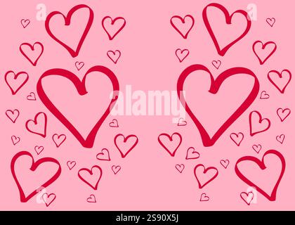 Rote und rosafarbene Herzformen für romantische Grußkarten. „Happy Valentine's Day Holiday“-Schriftzug. Gezeichneter Text für Karten, Banner, Poster. Stockfoto
