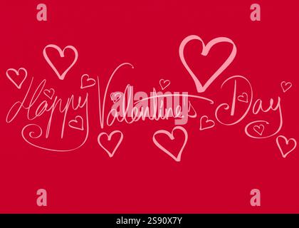 Rote und rosafarbene Herzformen für romantische Grußkarten. „Happy Valentine's Day Holiday“-Schriftzug. Gezeichneter Text für Karten, Banner, Poster. Stockfoto