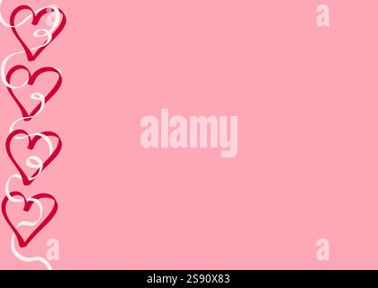 Rote und rosafarbene Herzformen für romantische Grußkarten. „Happy Valentine's Day Holiday“-Schriftzug. Gezeichneter Text für Karten, Banner, Poster. Stockfoto