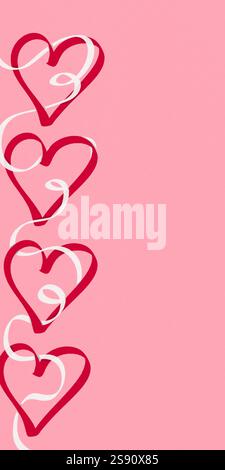 Rote und rosafarbene Herzformen für romantische Grußkarten. „Happy Valentine's Day Holiday“-Schriftzug. Gezeichneter Text für Karten, Banner, Poster. Stockfoto