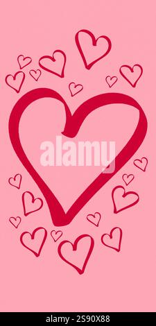 Rote und rosafarbene Herzformen für romantische Grußkarten. „Happy Valentine's Day Holiday“-Schriftzug. Gezeichneter Text für Karten, Banner, Poster. Stockfoto