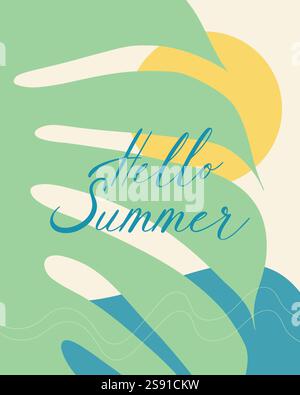 Hallo Sommer Karte mit Meer, Palmblatt und Sonne, Posterflyer in Pastellfarben, handgeschriebener blauer Schrift. Vektorabbildung Stock Vektor