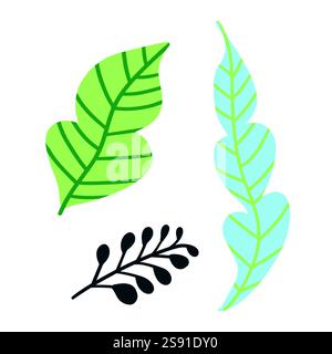 Leuchtend grüne und blaue Blätter mit detaillierten Mustern. Eine tropisch inspirierte botanische Illustration, ideal für Dschungel, Dekor oder Outdoor-Motive Stock Vektor