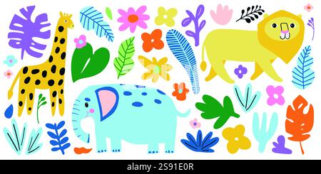 Verspielte Dschungel-Illustration mit Giraffe, Löwe und Elefant umgeben von tropischen Blättern und Blumen. Ideal für Kinderdesigns, Safarithemen und Stock Vektor